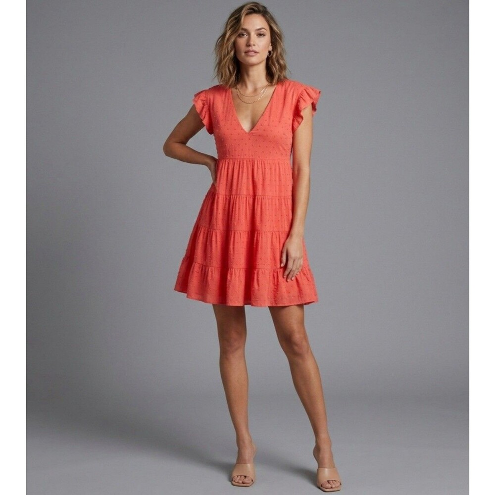 NWT Socialite Coral Tiered Babydoll Ruffle Dress Swiss Dot Chic Size Small NEW